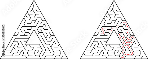 Complex triangular maze with solved route representing problem solving and solution finding