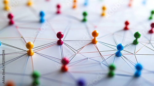 Colorful pushpins connected by thin threads forming a network.