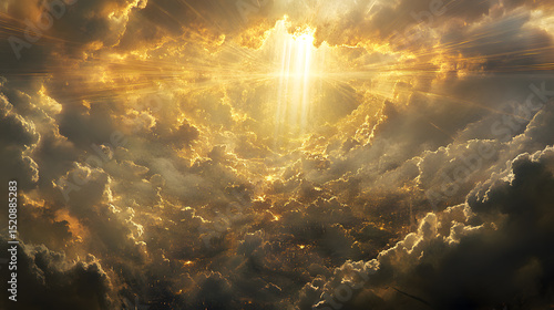 
A dramatic sky opening with an ethereal golden light breaking through storm clouds. Beams of heavenly light shining down onto Earth, illuminating the chaos below. A sense of divine power and holiness