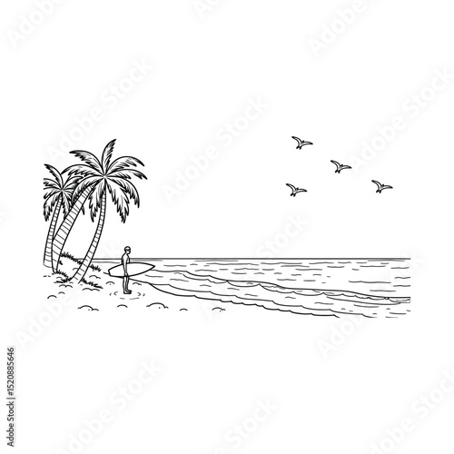 Surfer contemplating the waves on a tropical beach with palm trees and seagulls outline illustration