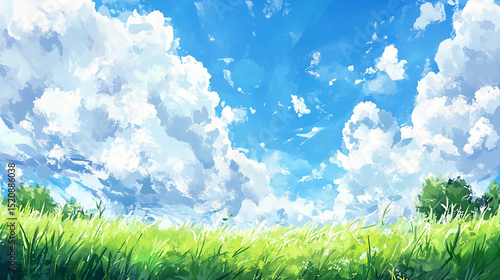 青空のアニメタッチ風景イラスト　generative ai
