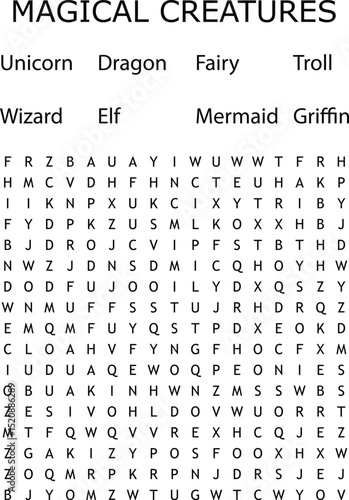 Engaging word search puzzle featuring various magical creatures and mythical beasts