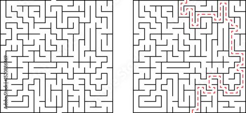Two square mazes illustrating challenge and solution paths for problem solving