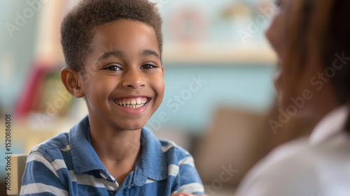 Wallpaper Mural This boy shares a cheerful chat with a woman, showcasing themes of support and protection. Torontodigital.ca