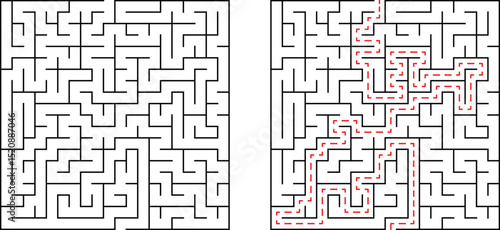 Complex maze with solution illustrated revealing the path to success and achievement
