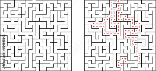 Complex maze illustration with solved path showing solution and problem solving concept