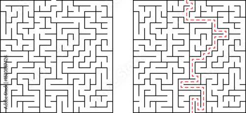 Complex black and white maze with solved path shown in red dotted line.