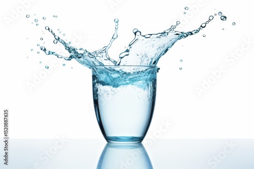 Splash of water from a clear glass on a smooth surface in a bright setting