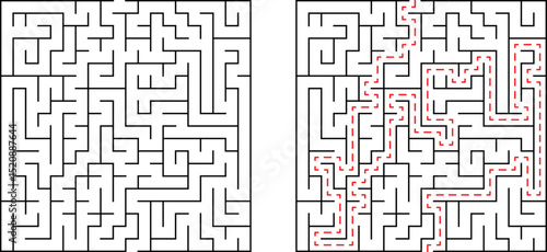 A challenging maze illustration with solved path highlighted in a conceptual design