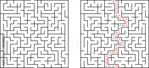A complex maze graphic showing a difficult challenge with a clear and easy solution path