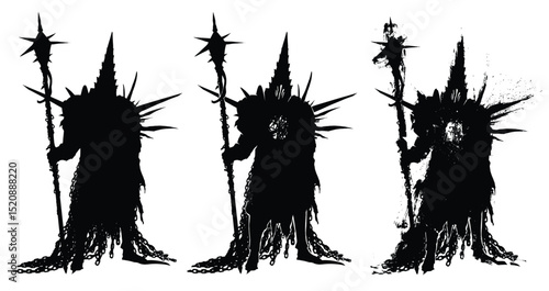 The black silhouette of a sinister knight in plate armor, he is a warrior from the underworld with a spiked staff and a barbed shoulder pad. He has a hole in his chest and black rot all around. 2d ink