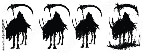 A black silhouette of a sinister reaper riding a nasty dog with horns, protruding bones and bared fangs. He is death with a scythe in a torn hood. 2d ink-style illustration.
