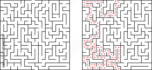 Complex labyrinth or maze with solved path illustrated in red dashed lines