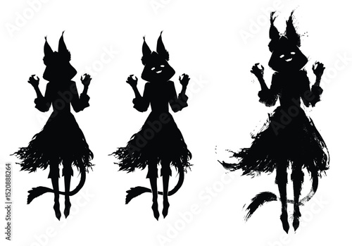 A black silhouette with a cat girl. She is a playful ghost and a witch, hovering in the air, smiling and waving her claws. It also looks like a jerboa. Anime style 2d cartoon art.