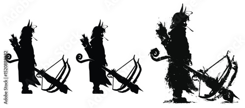 Black silhouette of a little warrior girl in anime style. She's a demon with horns and a huge double-shot crossbow. He stands thoughtfully and chews a straw . 2d ink-style illustration.