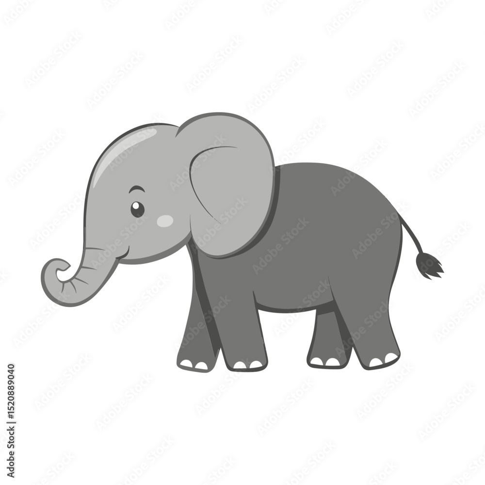 Playful Pachyderm Illustration: A charming and adorable gray elephant, with large ears and a curled trunk, stands poised, exuding a sense of playful innocence and joy. Playful Pachyderm Illustration: A charming and adorable gray elephant, with large ears and a curled trunk, stands poised, exuding a sense of playful innocence and joy.