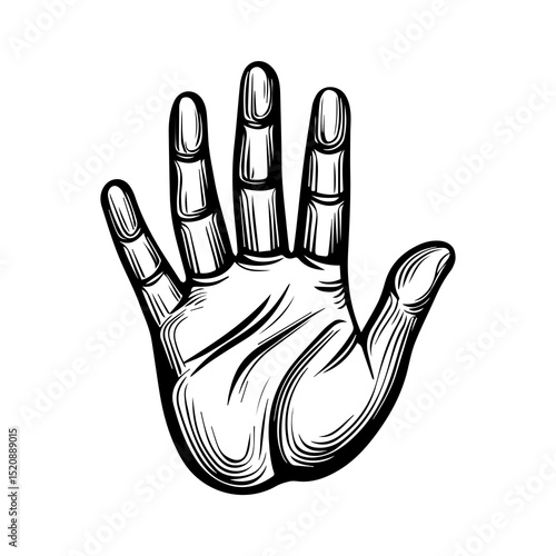 Open Palm Hand Drawing: A detailed black and white illustration of an open human hand, showcasing intricate lines and shading, providing a sense of connection, communication, and offering.
