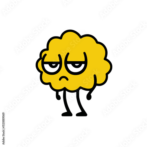 Tired and Bored Yellow Brain Cartoon Character, Sleepy yellow brain cartoon character with droopy eyes and slouched posture, expressing boredom, exhaustion, or mental burnout.


