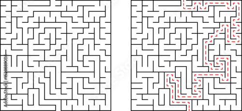 A detailed black and white maze with a marked solution path for education and puzzles