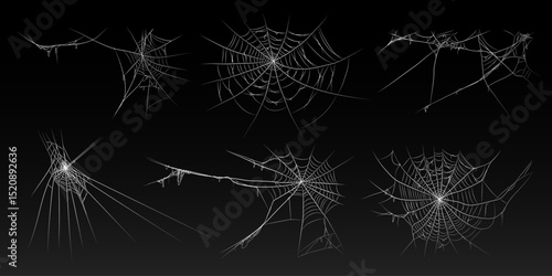 Halloween old spooky cobweb with various sizes and shapes. Old spider web set vector illustration dark gothic decoration for holidays. Corner spider net insect thread cobweb scary frames.