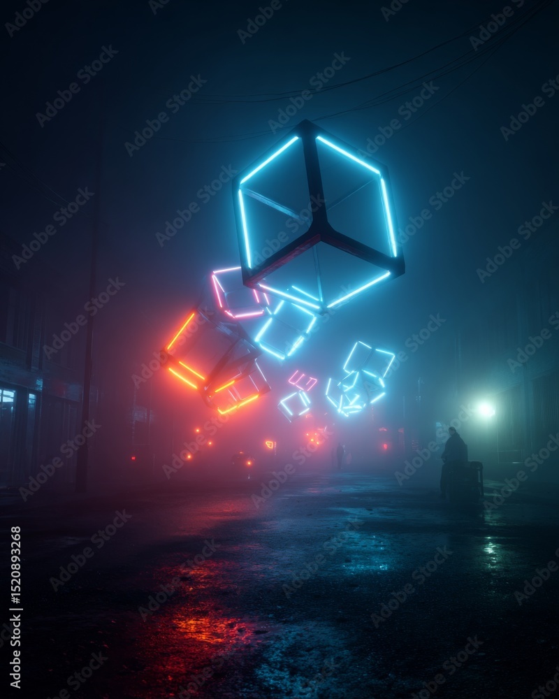 Obraz premium Glowing geometric neon shapes decorations in a thick fog environment