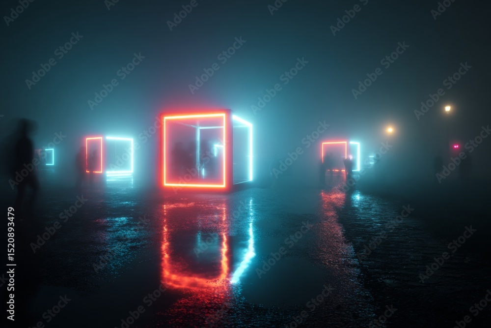 Obraz premium Glowing geometric neon shapes decorations in a thick fog environment