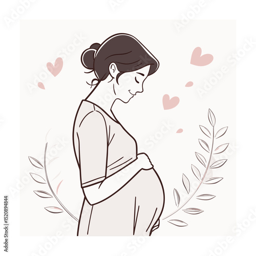 Serene Pregnant Woman with Hearts and Leaves