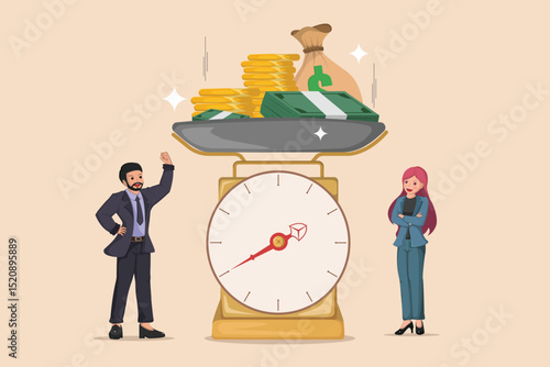 Weighing Financial Value: Business Professionals Assessing the Importance of Money, Represented by a Scale with Gold Coins and Banknotes.
