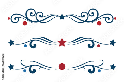 
4th of July lettering header Ornate swirls, patriotic red stars, and blue Elegant fancy separators Decorative Elements,  Independence Day Calligraphy Flourishes text dividers
