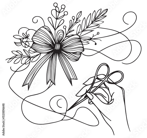 Hand with scissors cutting thread near elegant bow and floral arrangement. Black and white line art sketch.