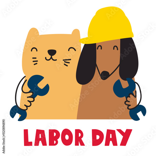 Labor Day. Holiday. Cat and dog best friends. Vector hand drawn illustration.