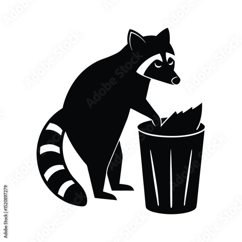 Raccoon Rummaging Trash Vector Silhouette