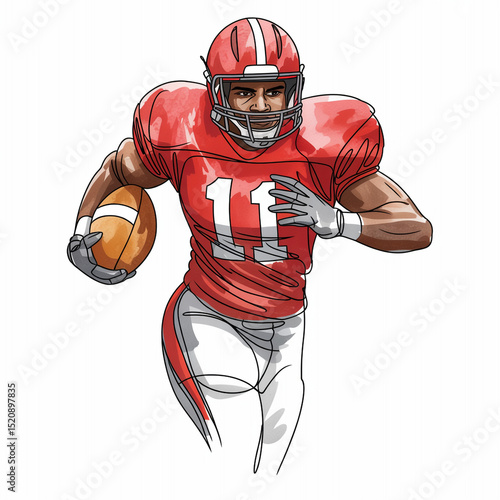 Digital Illustration American Football Player Running with Ball in Red Uniform and Helmet