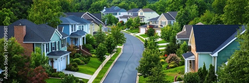 Vibrant Sunset Over Suburban Maryland: Aerial View of Modern Two-Story Luxury Homes in a Neighborhood Street