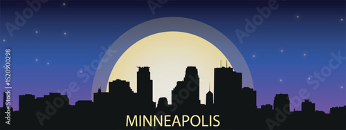 silhouette of the night city of Minneapolis with a panorama of skyscrapers against the starry sky with a large full moon in the center	