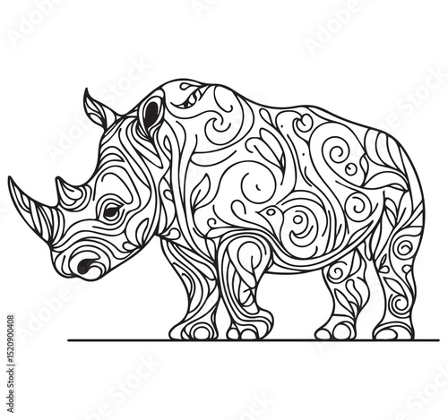 Detailed Zentangle Rhino Coloring Page Intricate Ornamental Swirls and Floral Patterns Black and White Line Art Animal Design