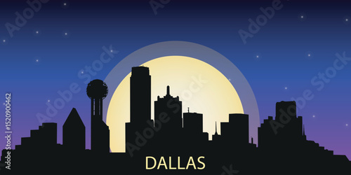 silhouette of the night city of Dallas with a panorama of skyscrapers against the starry sky with a large full moon in the center	