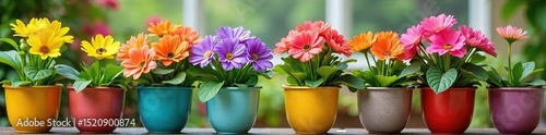 Wallpaper Mural Vibrant blooming flowers in colorful ceramic pots, adding a splash of nature to any home or garden Perfect for spring, summer, home decor, and gardening themes , colorful, flower arrangement Torontodigital.ca