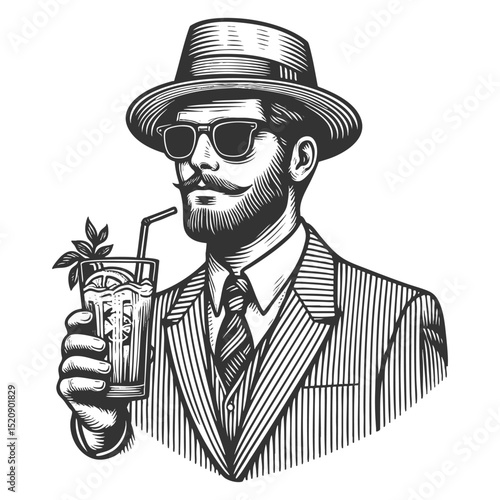 gentleman in striped suit and boater hat sipping lemonade through a straw, exuding summer elegance and charm sketch engraving generative ai vector illustration. Scratch board. Black and white image.