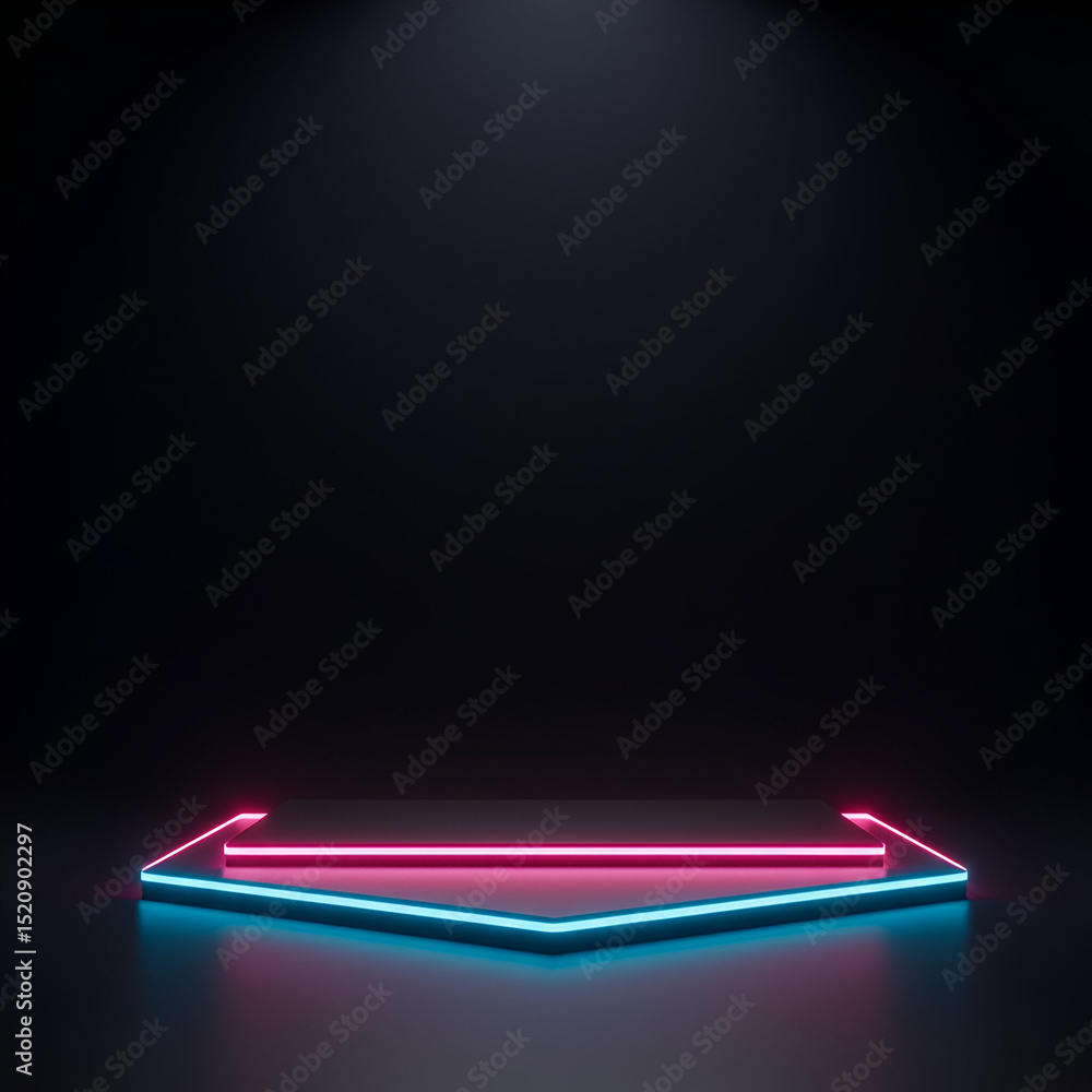 Empty neon light platform with glowing borders in dark studio setting. Modern, minimal, and professional product display backdrop suitable for advertising and editorial purposes. Empty neon light platform with glowing borders in dark studio setting. Modern, minimal, and professional product display backdrop suitable for advertising and editorial purposes.
