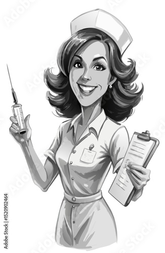vector of a friendly nurse in scrubs holding a syringe and patient notes, isolated on white
