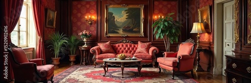 A lavishly decorated interior hinting at wealth and entitlement; ornate furniture, expensive artwork, and a sense of unchecked privilege , haughty, home