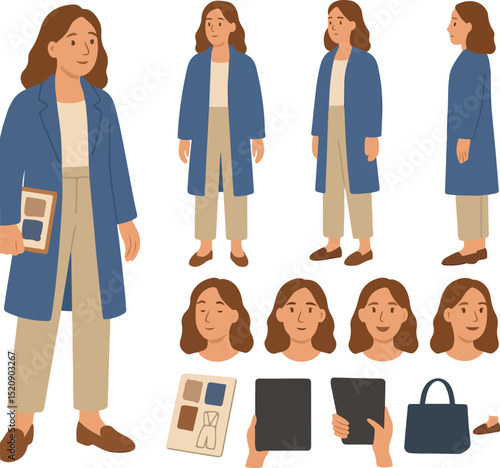 Young casual business woman character constructor for animation. Front, side and back view set. Body parts, postures, poses collection. Vector illustration