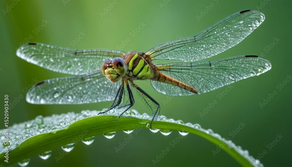 Stunning Dew Covered Dragonfly on Green Leaf Macro Photography of Insect Stunning Dew Covered Dragonfly on Green Leaf Macro Photography of Insect