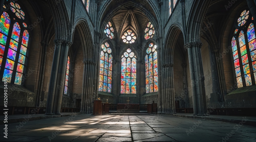 Fototapeta premium Gothic architecture interior with colorful stained glass windows in a historic church during afternoon light