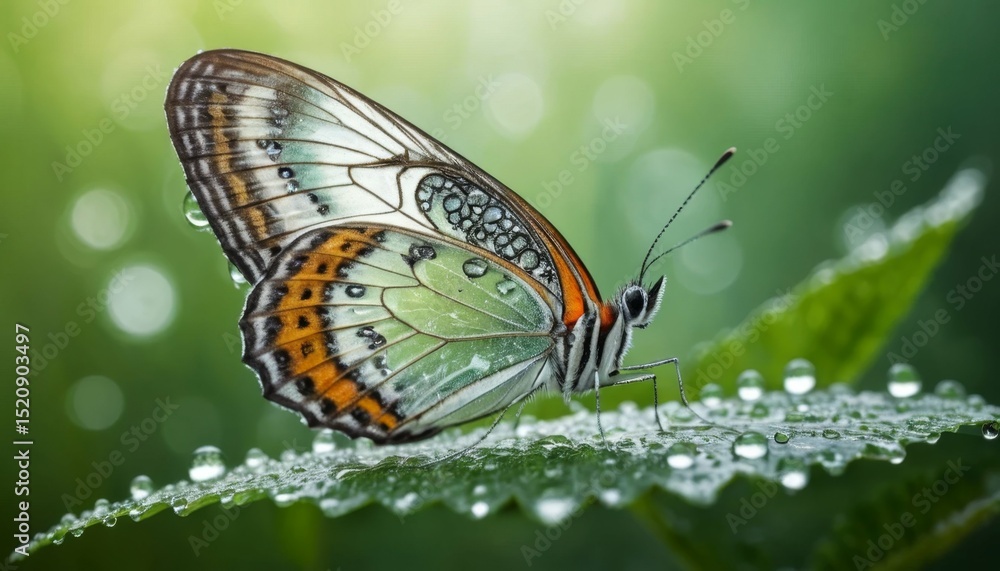 Obraz premium Stunning Closeup of a Green and Orange Butterfly on a Dew Covered Leaf in Nature
