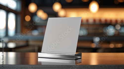 Blank card holder on wooden table in modern cafe with warm lighting during peak afternoon hours
