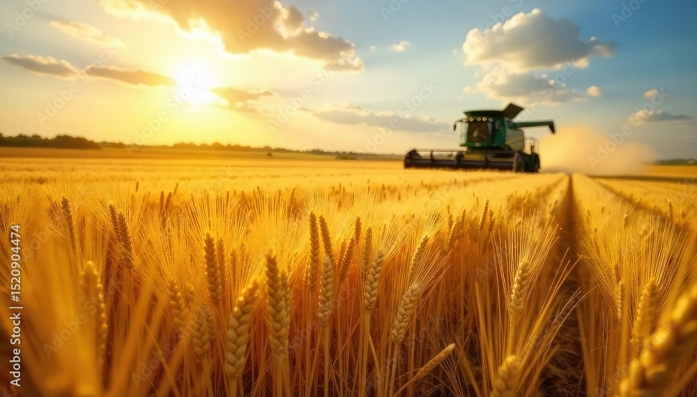 Golden barley field under a summer sun, ripe and ready for harvest Combines in the distance, hinting at the busy work ahead Abundant crop, agricultural success , barley, nature Golden barley field under a summer sun, ripe and ready for harvest Combines in the distance, hinting at the busy work ahead Abundant crop, agricultural success , barley, nature