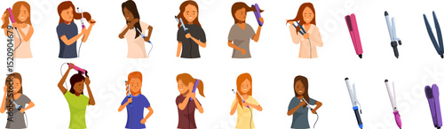 Woman curling iron icons set. Women styling their hair using various curling irons and hair straighteners, achieving different looks