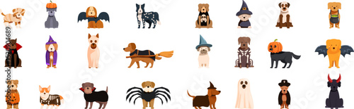 Halloween dog costume icons set. Playful pups dressed up in various halloween costumes, celebrating the spooky season with adorable charm